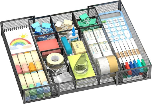 Expandable Desk Drawer Organizer, 10 Adjustable Compartments, Black | Metal mesh drawer organizer tray with 5 removable dividers, expands from 8.74 to 16 in for office supplies, makeup or tools
