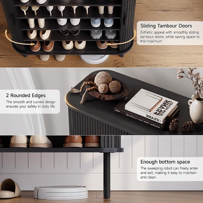 ONBRILL 6-Tier Shoe Cabinet with Sliding Door, Wooden Shoe Storage Cabinet with Adjustable Shelves, Mid-Century Modern Freestanding Shoe Storage Organizer for Entryway, Hallway, Living Room, Black