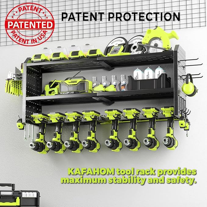 Power Tool Organizer，Large 8 Drill Holder Wall Mount ，Heavy Duty Metal Tool Shelf with 12 Hooks，Storage Rack for Garage Organization，Utility Cordless Drill Holder and Battery Shelves