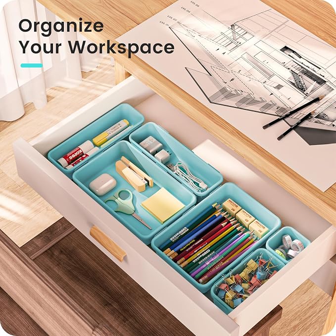 【Military Grade】A-LuGei Drawer Organizer,【𝟱𝗦𝗶𝘇𝗲】Makeup organizer,【Holds 177 Items】Bathroom Organizers and Storage,Organization and Storage,Desk Drawer Organizer for Vanity【Blue】