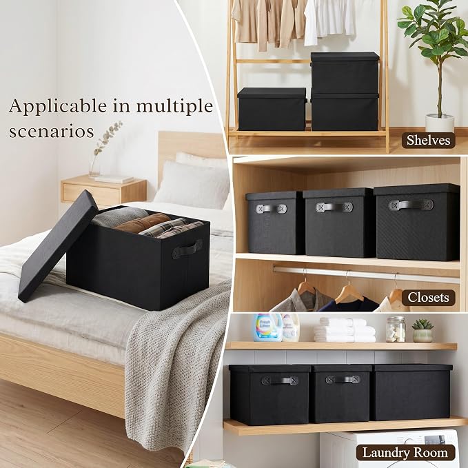 Fabric Storage Bins with Lids, Heavy Duty Collapsible Organizer Bins for Shelves, Stackable Closet Woven Baskets with Handles, 25L Rectangle Boxes for Bedroom Office, Cube Home Decor (Black 2 Pack)