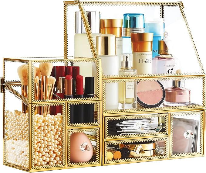 Tempered Glass Makeup Organizer with Gold Heart Shaped Metal Frame, Large Cosmetic Storage Drawer Cabinet, Dustproof Vanity Display Case for Lipstick Makeup Brush Skincare