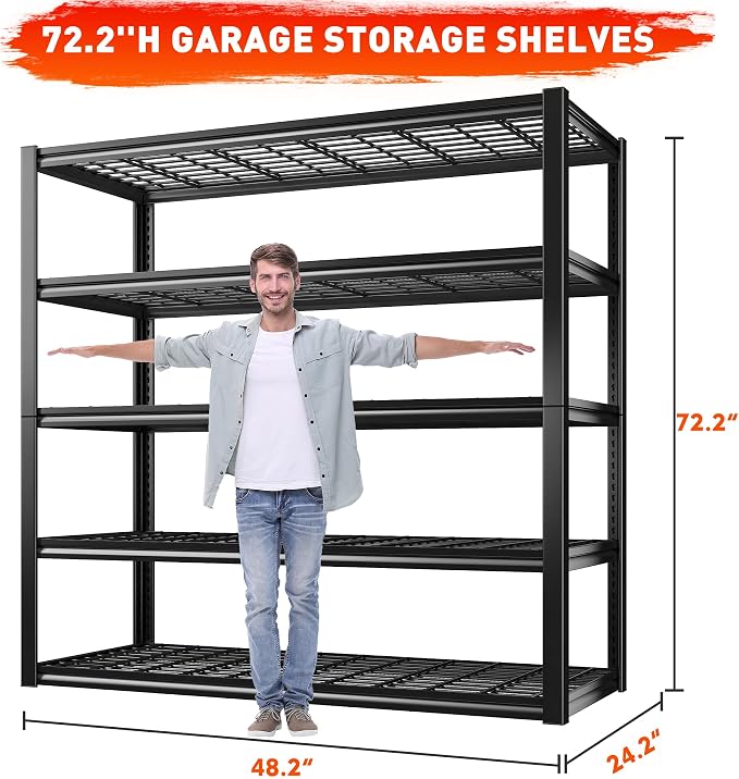 REIBII 48.2''W Garage Shelving Heavy Duty Metal Shelving 3000LBS Storage Shelves Adjustable Metal Shelves Industrial 5 Tier Garage Shelf for Basement Pantry Warehouse Supermarket, 3 Pack