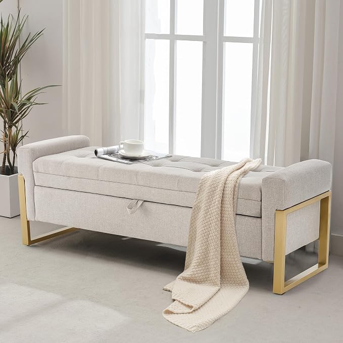 adochr 57" Storage Ottoman Bench, Upholstered End of Bed Bench, Beige | Metal Legs & Button-Tufted, Linen Ottoman with Storage 500 lb Capacity for Living Room, Bedroom, Entryway