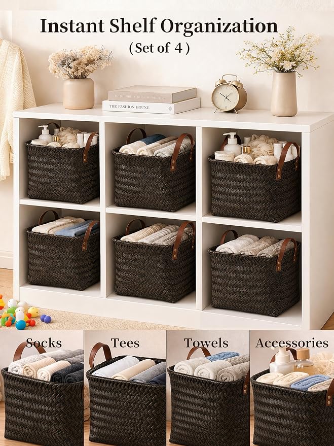 Wicker Storage Baskets, 4 Pack Woven Baskets for Shelves, Dark Gold | PP Rattan, Water-resistant Wicker Basket, Large Baskets with Faux Leather Handles for Blanket, Laundry Organizer, Room Decor