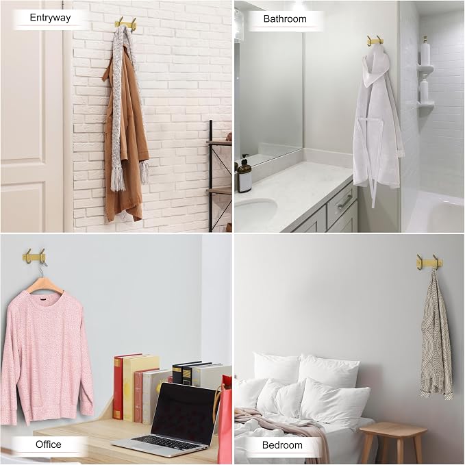Brushed Gold Small Coat Rack Wall Mount – 6 Inch Stainless Steel Rail with 2 Double Coat Hooks for Entryway, Bathroom, Bedroom, Kitchen – Modern Gold Hook Rack for Coats, Hats, Towels - 2 Pack