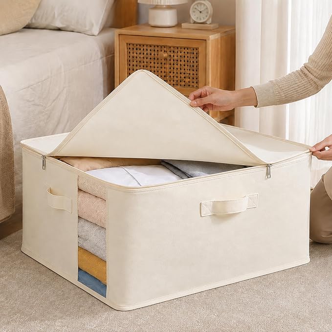 3Pack Canvas Storage Bags for Clothes & Comforters with Clear Window, Beige | 60L Large Capacity, Cotton Linen Fabric, Reinforced Handles, Foldable Design for King Comforters, Clothes and Blanket Storage