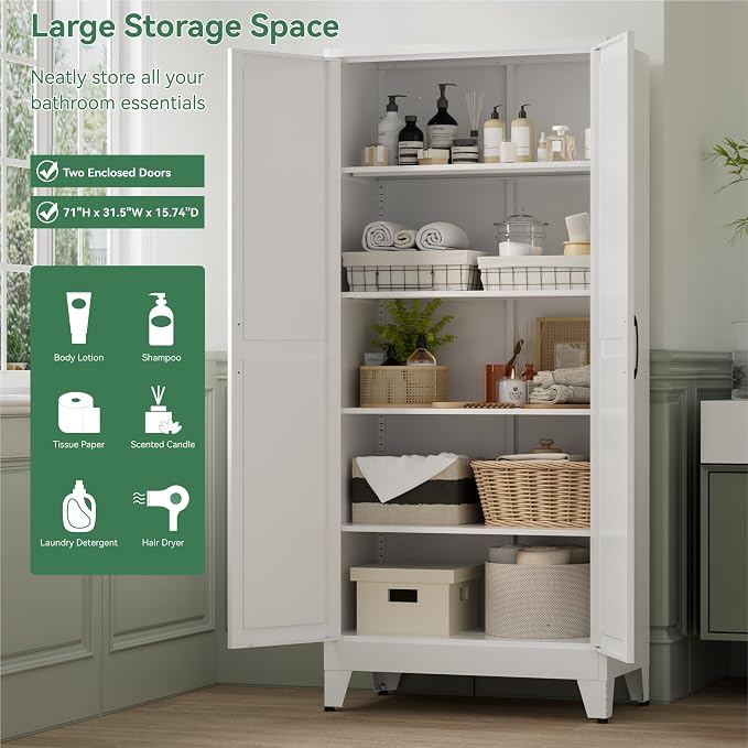 Bevivog 71" Tall Pantry Cabinet Farmhouse, Metal Storage Cabinet with 2 Doors and 4 Adjustable Shelves, Freestanding Tall Food Pantry Cabinet Storage for Kitchen, Home Office, Living Room, Laundry