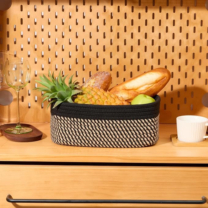 MiniArk Small Storage Baskets for Organizing | Closet Organizer Bins | Shelf Toy Basket | Woven Rope Baskets | Cube Decorative Box | Shallow Basket | 11.5x7.5x4.7” | 4 Packs Black Brown