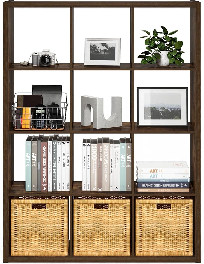 Furinno Cubicle Book Shelf, 12-Cube Bookshelf, Extra Thick Frame Reversible Bookcase with Open Back, 14.6" x 44" x 58", for Living Room, Bedroom, Home Office, Amber Pine