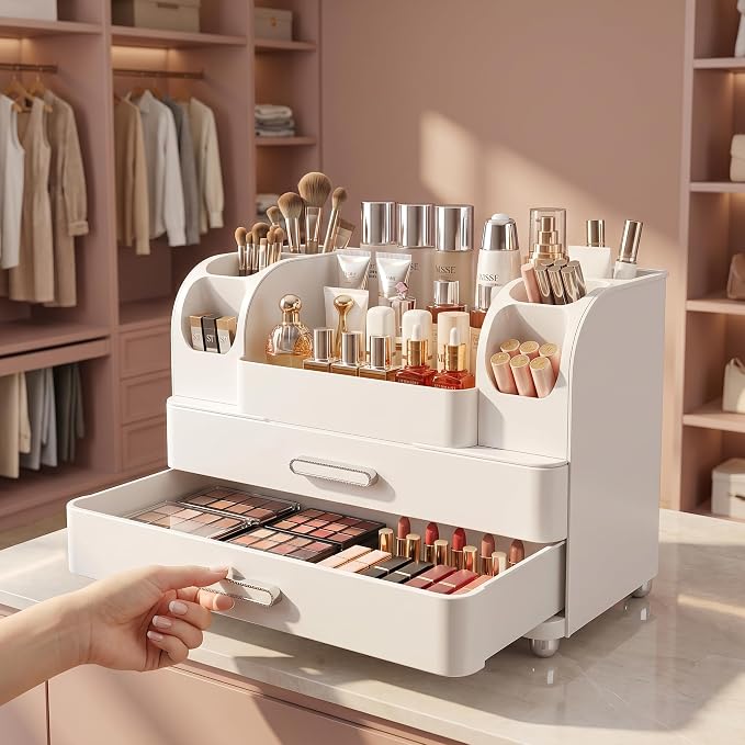 Large Makeup Organizer for Vanity - Perfume Cosmetic Display Cases | Skincare Organizers with 2 Drawers for Bathroom Dresser, Easy to Store Brush Eyeshadow Lipstick Beauty Supplies, All White