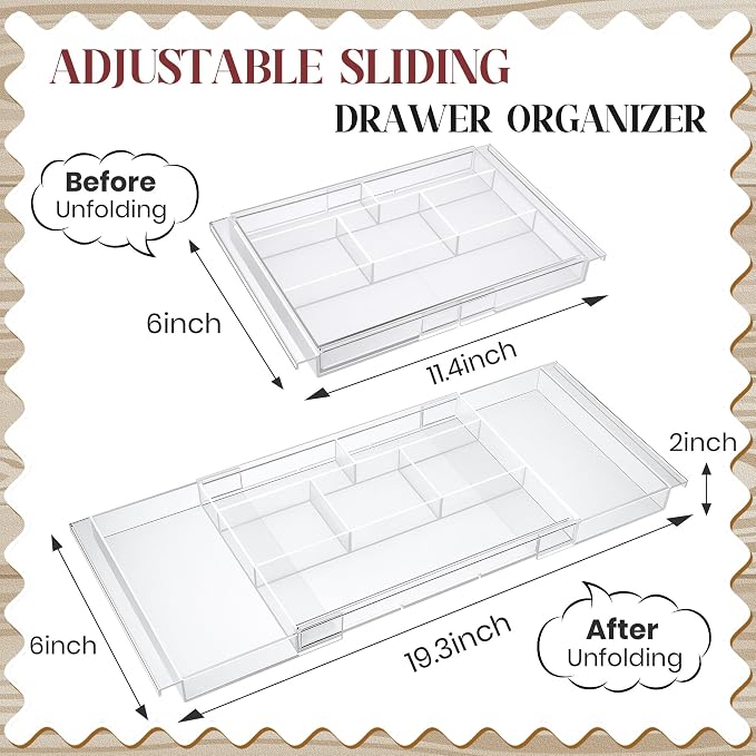 2pack Shallow Expandable Drawer Organizer, Adjustable 12.5”–20” Clear Plastic Drawer Organizer Tray for Vanity Bathroom Desk Kitchen Drawers, Multi Compartment Storage