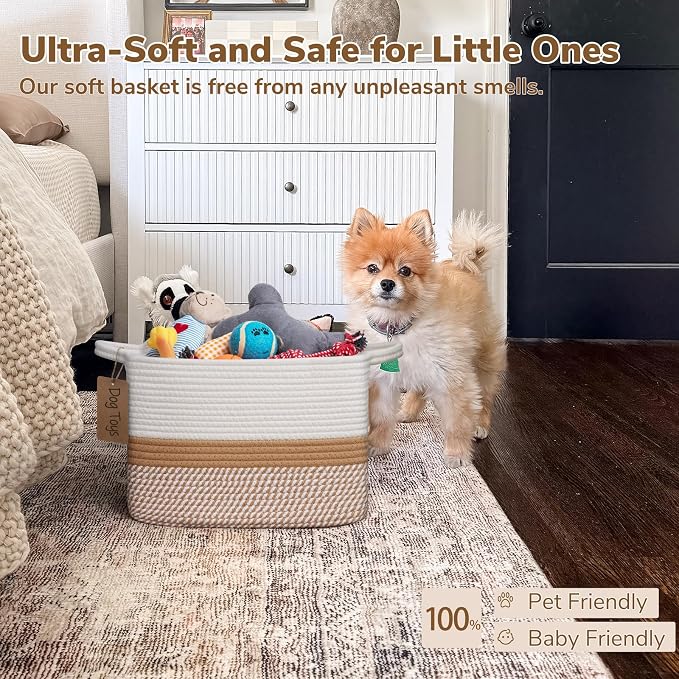 Goodpick Small Woven Rope Storage Basket, White & Camel Mix | 13 × 10 × 9 in, Cotton Rope, Reinforced Handles, Dog Toys, Books & Magazines Storage, Home Decor