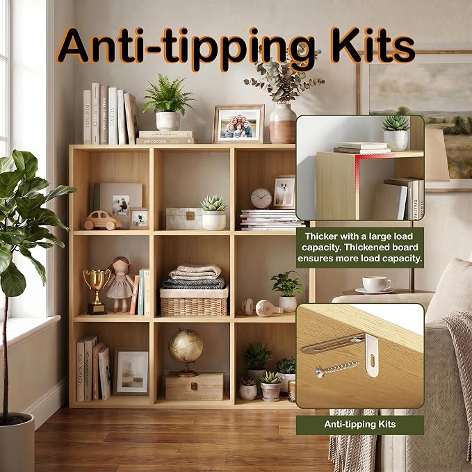 WannabeMyself【Sturdy Build&Easy Assembly】9 Cube Storage Organizer with Anti-Tipping Kits,Reversible Open Back Book Shelf, Bookcase for Living Room,Bedroom,Entrance Hall,Office,35.8×11.4×35.9,Oak Color