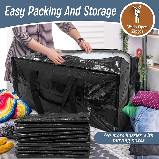6 Pack Extra Heavy Duty Large Moving Bags with Strong Zipper & Comfortable Handles, Sturdy & Durable Clothes Storage Bags Totes Bins, Packing Moving Boxes for College Supplies, Black