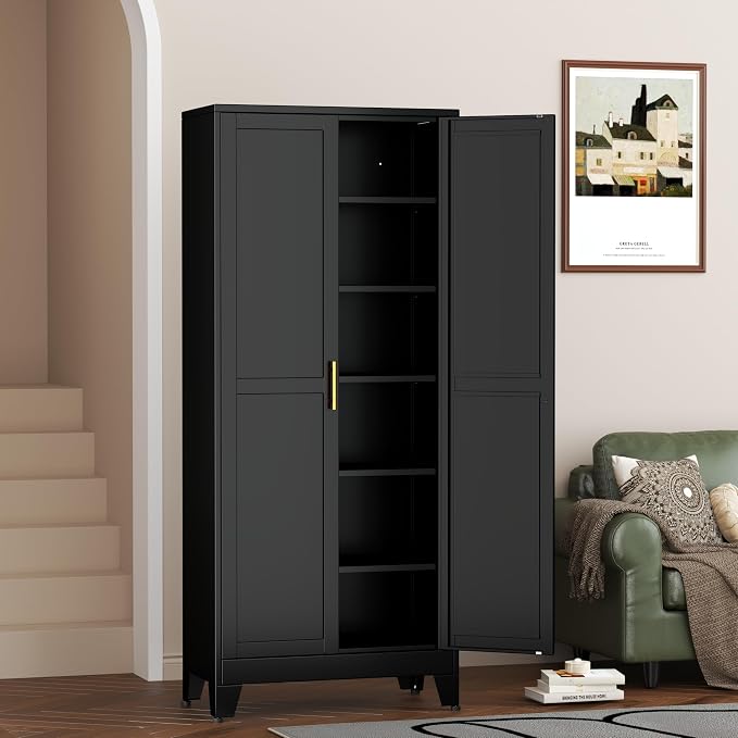 Metal Pantry Cabinet with 2 Doors and 5 Adjustable Shelves, 75"Kitchen Storage cabinets with Gold Handles, Versatile Storage for Laundry Room, Living Room, Bathroom, Dinning Room, Utility Room-Black