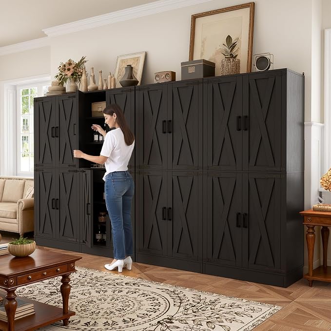 Unikito Black 71" Tall Kitchen Pantry Cabinet, Hidden Drawers and Farmhouse Barn Doors, 8 Adjustable Shelves, Freestanding Cupboard for Kitchen, Dining Room, Living Room, Utility Room, 2 Pack