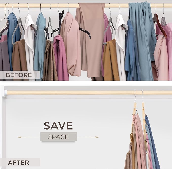 MORALVE Pants Hangers Space Saving - European Beechwood Scarf and Jean Hangers - Closet Organizer and Space Saver Pant Rack, Leggings Hanger, and Scarf Holder with 360° Swivel Hook (1 Pack)