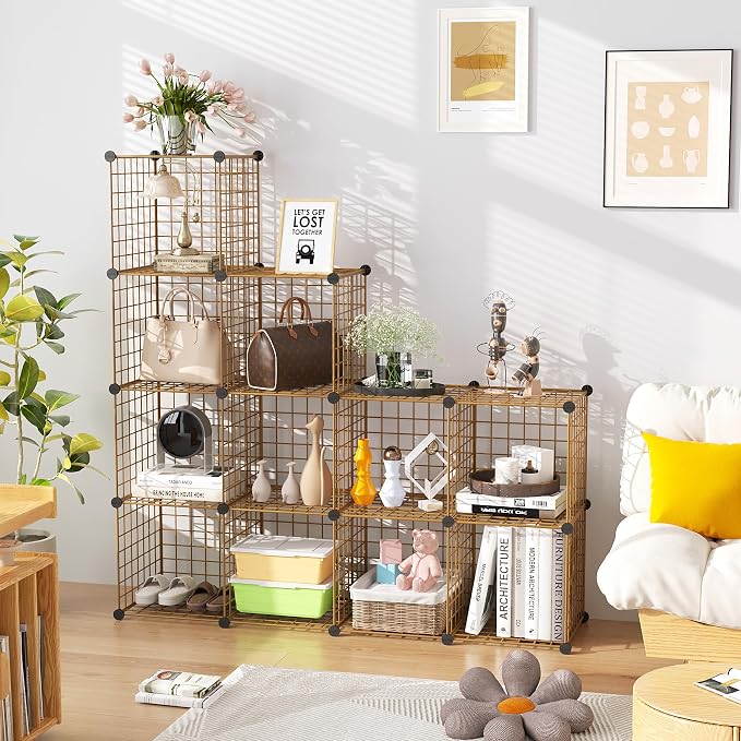 C&AHOME Wire Cube Storage, 12 - Cube Organizer Metal C Grids, Closet, Brown | Modular Shelves Units Storage Bins Shelving Bookshelf Shelf Cabinet