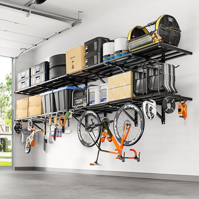 FLEXIMOUNTS 4-Pack 2x6ft Garage Wall Shelving with 8 Hooks, 1200lbs, Black | Heavy Duty Garage Shelving Wall Mounted, Rustproof Finish, Storage for Power Tools, Garden Supplies, Storage Bin, Lite Series