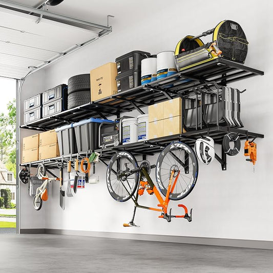 FLEXIMOUNTS 4-Pack 2x6ft Garage Wall Shelving with 8 Hooks, 1200lbs, Black | Heavy Duty Garage Shelving Wall Mounted, Rustproof Finish, Storage for Power Tools, Garden Supplies, Storage Bin, Lite Series