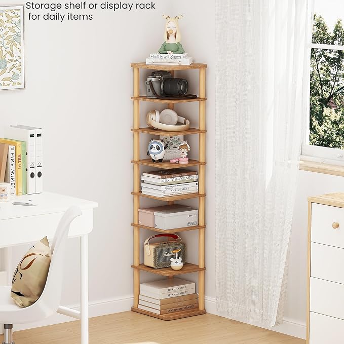 8 Tiers Vertical Shoe Rack, Tall Narrow Shoe Tower Corner Shoe Rack, Walnut | Small Shoe Organizer for Entryway, Closet, Dorm & Small Spaces, Freestanding Wooden Shoe Shelf for Boots, Sneakers, Heels.
