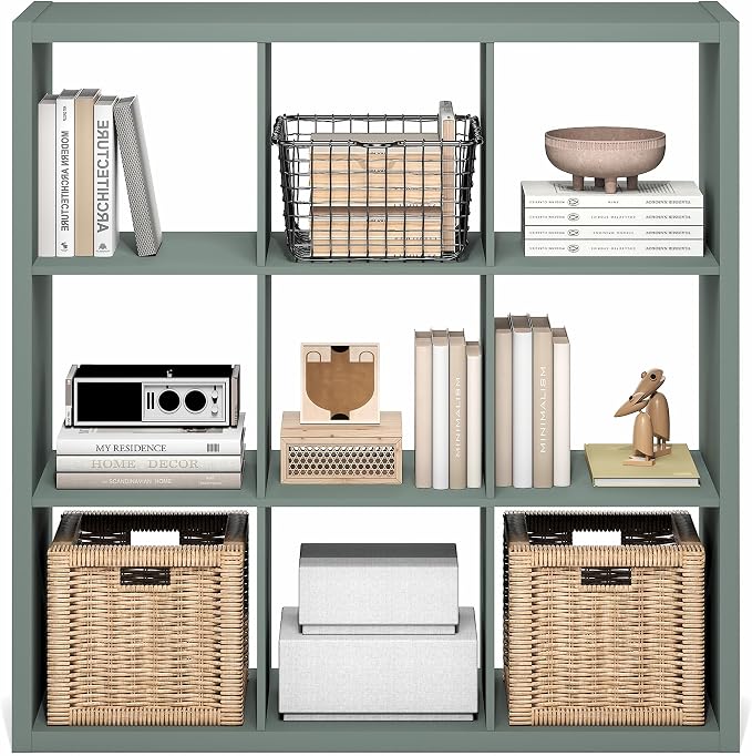 Furinno Cubicle 9-Cube Book Shelf, Extra Thick Frame Bookshelf, Sage Green | 14.6" x 44" x 44", Reversible Bookcase with Open Back, for Living Room, Bedroom, Home Office