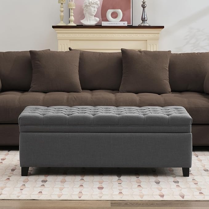 51" Storage Ottoman for Bedroom & Living Room, End of Bed Bench with Black Wooden Legs, Linen Upholstered Tufted Ottoman, Entryway Storage Bench,Dark Grey