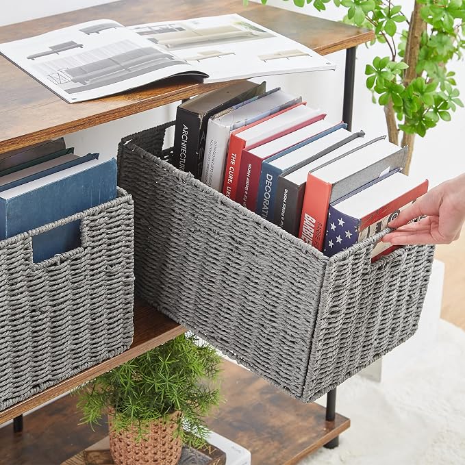 Vagusicc Wicker Storage Basket, Set of 2 Hand-Woven Paper Rope Wicker Basket, Small Storage Baskets for Organizing Toilet Paper Basket, Foldable Large Cube Storage Organizer Bins for Shelves (Grey)