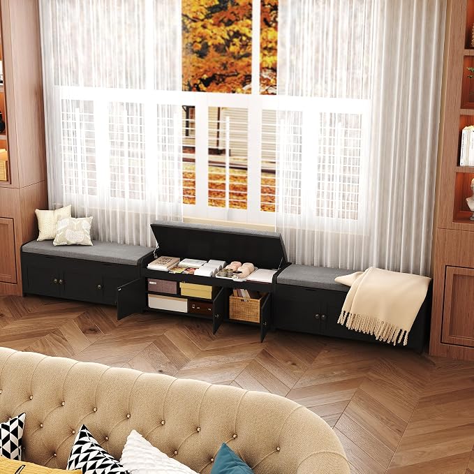 HOMEFORT 41.3" Shoe Bench with Lift Top Storage, Entryway Bench with Cushioned Seat, Wooden End of Bed Bench, Shoe Cabinet Bench with Hidden Storage Space, for Bedroom, Hallway,Black