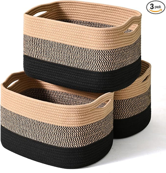 ICERZCZ Storage Baskets for Organizing Shelves, Decorative Baskets for Storage, Woven Cotton Rope Basket for Living Room Bedroom Nursery, 15"x11"x9.5", 3 Packs, Gradient Black & Jute