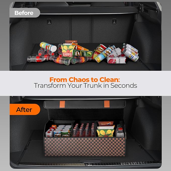 Fyzeoty Car Trunk Organizer for SUV and Sedan, Orange‑Stripe Plaid, 29.5 in | Dual‑Material Dual‑Tone Craft, Extra Large, Leather Storage Box, Magnetic Lid, Collapsible & Adj, Water‑Resist & Dust‑Proof