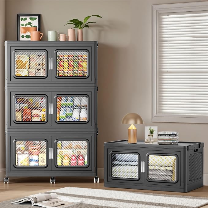 BROVIEW 1200 Qt/300 Gal Stackable Storage Bins with Lids, 4 Pack, Black | Large Stackable Storage Boxes w/ 4 Lid Folding Plastic Cart Organizer for Home Kitchen, Open Front Clear Door with Wheels