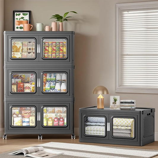 BROVIEW 1200 Qt/300 Gal Stackable Storage Bins with Lids, 4 Pack, Black | Large Stackable Storage Boxes w/ 4 Lid Folding Plastic Cart Organizer for Home Kitchen, Open Front Clear Door with Wheels