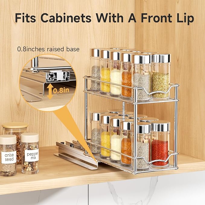 MUDEELA Pull Out Spice Rack for Inside Cabinet, 2 Tier Chrome Spice Organization for Cabinet, Vertical Sliding Out Spice Rack Organizer for Seasoning, 10.4''D×4.8''W×9.3''H