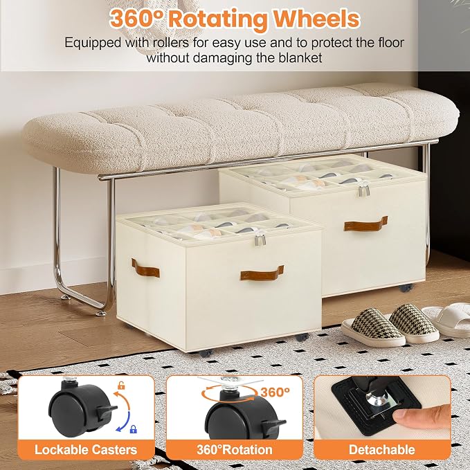 Foyego 2 Pack Shoe Organizer for Closet, Shoe Storage with Wheels, Beige | Fits 32 Pairs, with Adjustable Dividers and Clear Cover, Saving Space Foldable Fabric Closet Shoe Storage Organizer Box Bins