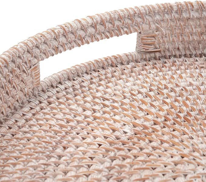 Coffee Table Tray Round Rattan Ottoman Tray Woven Serving Trays with Handles for Home and Kitchen Decorative White (Large 14 inch x 2.4 inch)