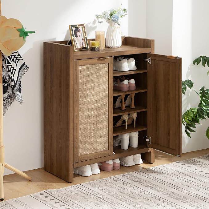 SICOTAS Shoe Cabinet, 24 Pair Shoe Storage Organizer Cabinet, Rattan Doors | 41" Tall Rattan Shoe Cabinet with Doors and Shelves, 6-Tier Farmhouse Boho Wooden Storage Cabinet for Entryway Hallway Closet