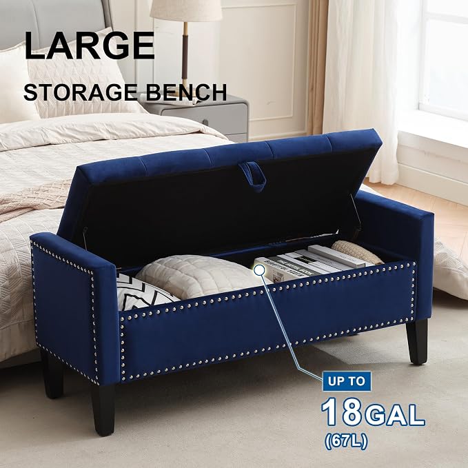 Storage Ottoman Bench, Velvet Upholstered Footstool for Bedroom and Living Room, Tufted Seat with Storage, Wooden Legs & Metal Rivets, Dark Blue