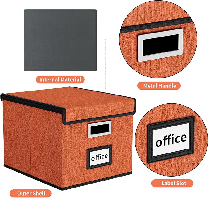 File Organizer Box with Lids, Collapsible File Folder Organizer | File Box with Plastic Slides for Document, Filing Bin for Letter Size Hanging File Folders (1 Pack, Reddish Organge)
