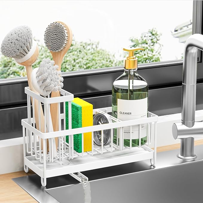 Cisily Sponge Holder for Kitchen Sink, Sink Caddy Organizer with High Brush Holder, Kitchen Countertop Organizers and Storage Essentials, Rustproof 304 Stainless Steel (White, 9.25″)