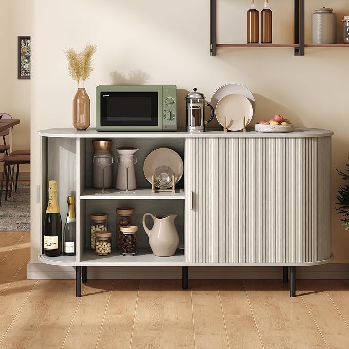 55" Sideboard Buffet Cabinet with Storage, Storage Cabinet with Sliding Door & Adjustable Shelf, Modern Accent Coffee Bar Console Table for Kitchen, Entryway, Natural White