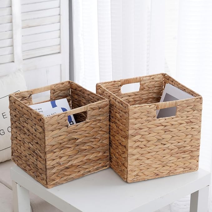 Wicker Storage Cubes, Foldable Storage Bins, 12x12x12 Inch, 2-Pack | 2-pack 12x12x12" foldable water hyacinth wicker cubes; collapsible storage bins for shelves, closets and home organization.