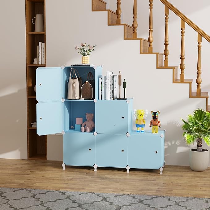 6Cube Storage Organizer Modular Stackable with Doors Blue | Sturdy plastic 6-cube cabinet with doors, 30x30x30cm per cube, tool-free snap assembly, ideal for bedroom, stairs, closet.