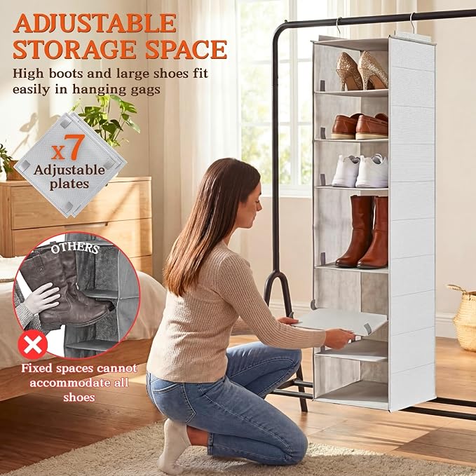Hanging Shoe Organizer for Closet, 8 Tier Extra Wide Closet Shoe Organizer | Adjustable Shelf Height for Boots and Shoes, Heavy Duty Hanging Shoe Rack for Closet Rod, Space-Saving Shoe Storage Organizer