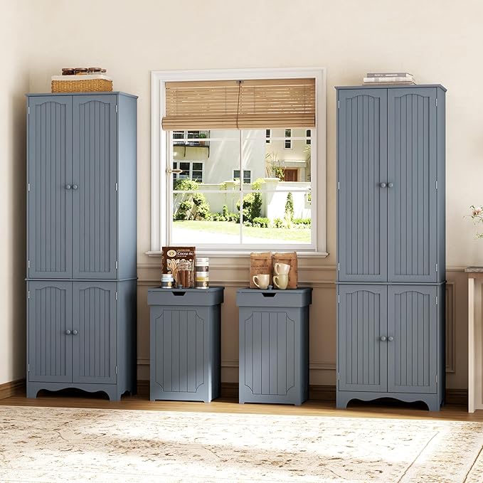 Function Home Tall Pantry Cabinet, Freestanding Storage Cabinet, Wooden Kitchen Pantry with 4 Doors and 5 Shelves, 72" Floor Cabinet Organizer for Kitchen Living Room Bathroom, Grey