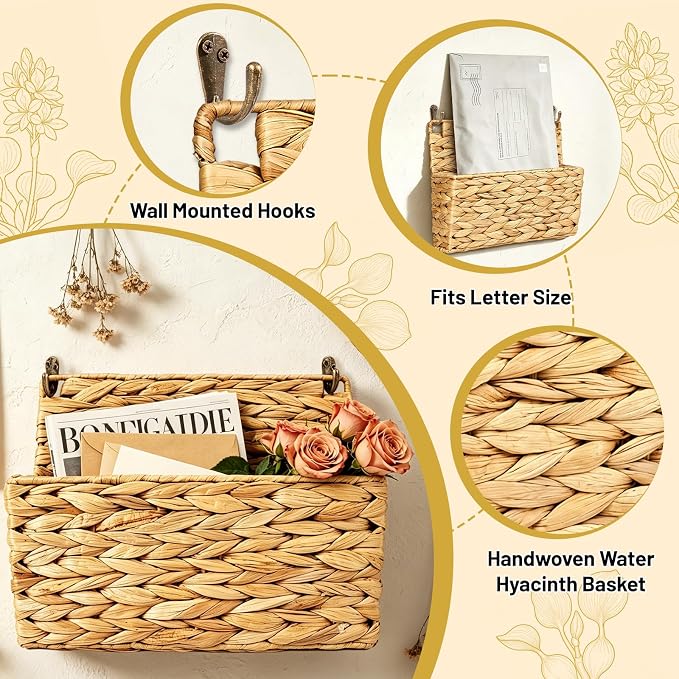 2PCS Woven Mail Holder Wall Mount Basket – Water Hyacinth Magazine Holder Wall Basket, Wicker Mail Organizer Wall Mount for Office, Books, Files, Letters & Entryway Decor, Hooks Included