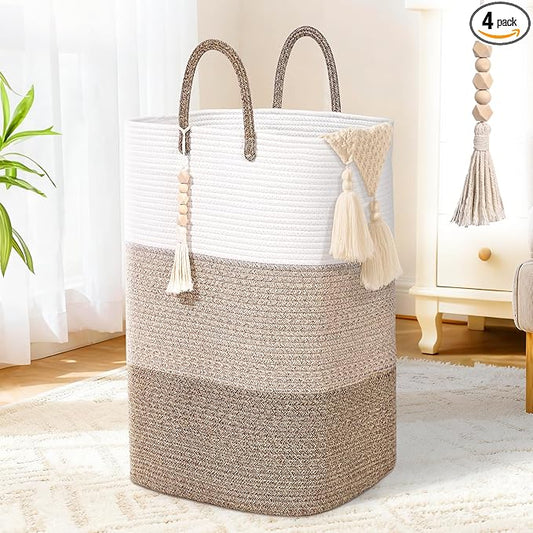 Woven Laundry Basket for Clothes,100 L Large Rectangle Laundry Hampers with Beads Tassel, Nursery Storage Basket for Toys, Tall Dirty Clothes Hamper for Bedroom Aesthetic, Laundry Room Organization