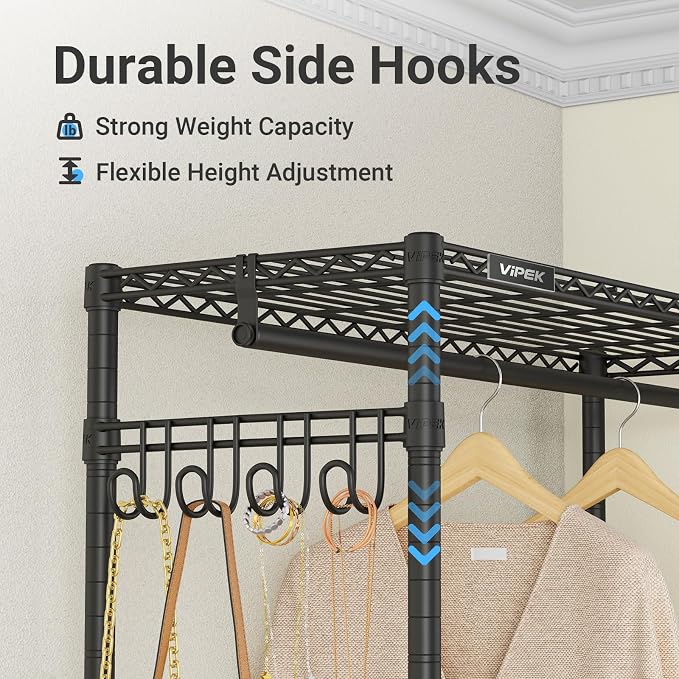VIPEK R3C Rolling Clothes Rack with Cover Portable Closet Heavy Duty | Lockable Wheels, Adjustable Wire Shelving Heavy Duty, Metal Side Hooks, Polyester Cover, 374lbs Space-Saving for Home