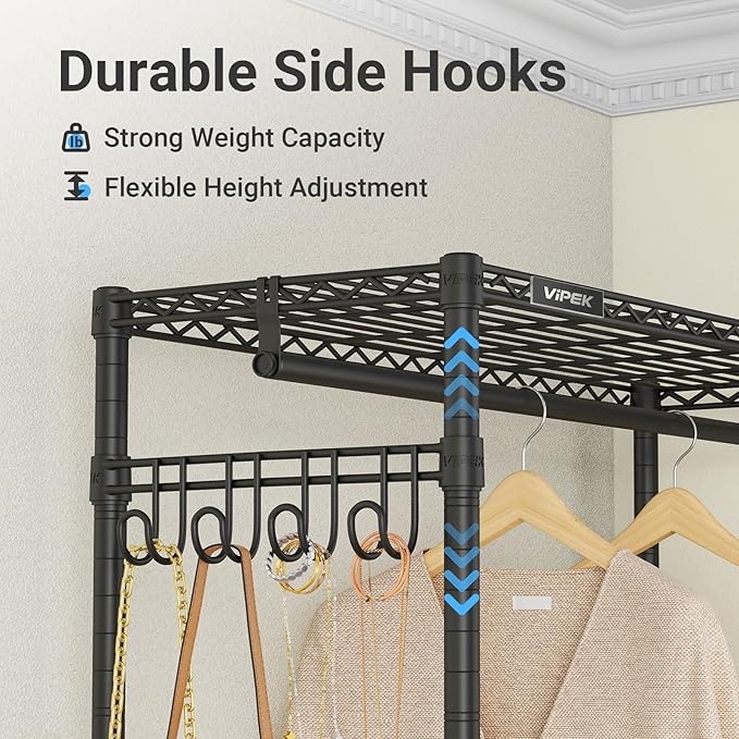 VIPEK R2 Plus Heavy Duty Rolling Garment Rack 3 Tiers Adjustable Wire Shelving Clothes Rack with Double Rods and Side Hooks, Freestanding Wardrobe Storage Rack Metal Clothing Rack, Black